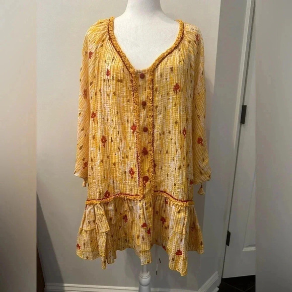 Poupette St Barth Fanciful Floral Yellow Ruffle Poncho Cover Up Tunic One Size - Picture 1 of 13